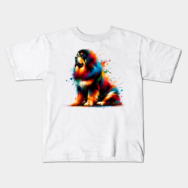 Tibetan Mastiff in Dynamic Colorful Splash Art Style Kids T-Shirt by ArtRUs